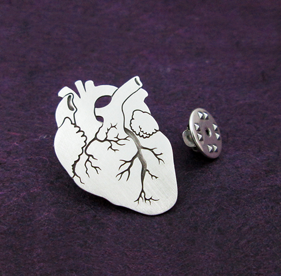 Silver anatomical heart pin