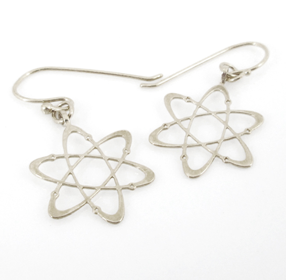 Carbon atom dangle silver earrings by Delftia science jewelry