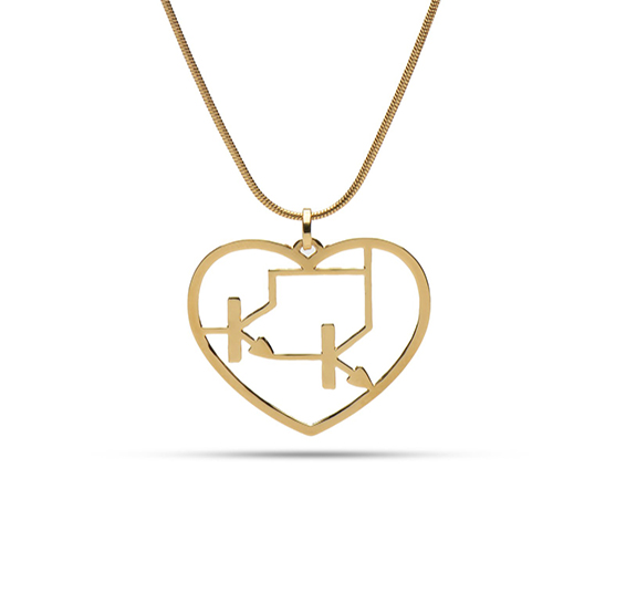 Darlington transistor gold heart necklace, by Delftia science jewelry