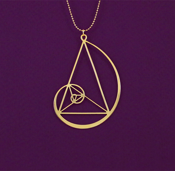 Golden triangle with Fibonacci spiral in gold by Delftia Science jewelry