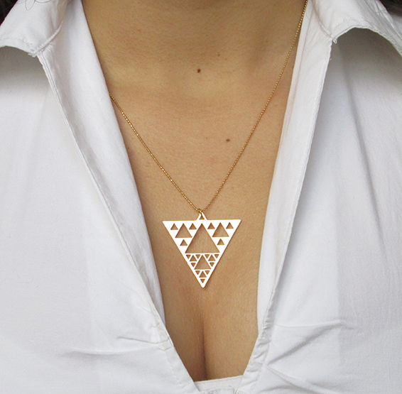 sierpinski triangle fractal silver necklace on a model by Delftia science jewelry