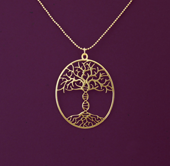 Tree of life with DNA trunk gold necklace by Delftia science jewelry