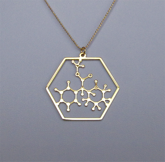 methylphenidate molecule, gold Ritalin necklace, by Delftia jewelry