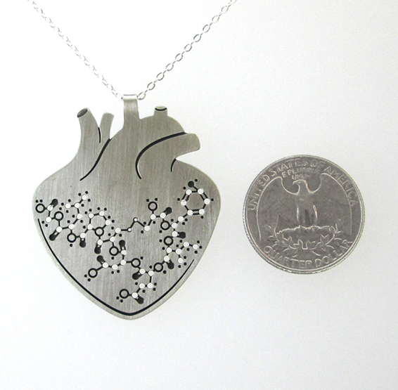 Oxytocin anatomical heart necklace in silver Delftia science jewelry
