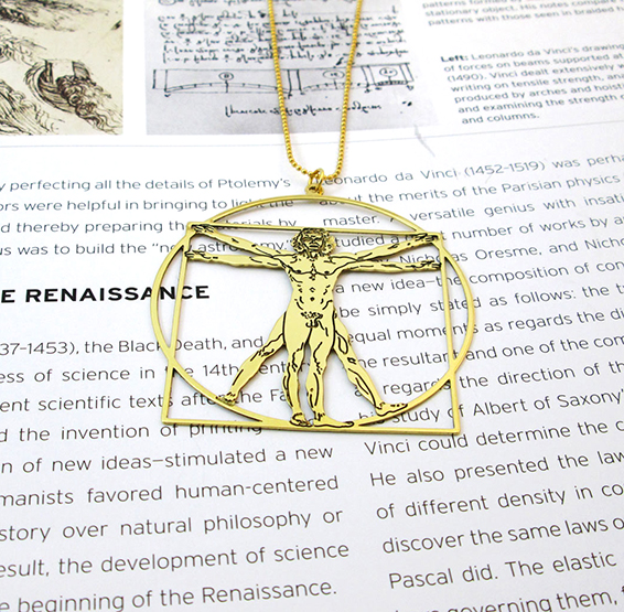 vitruvian man gold necklace, by Delftia jewelry