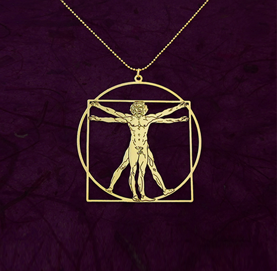 vitruvian man gold necklace, da vinci, by Delftia jewelry