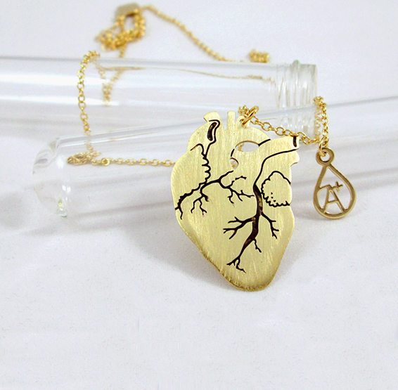 Anatomical gold heart necklace with blood type charm by Delftia science jewelry