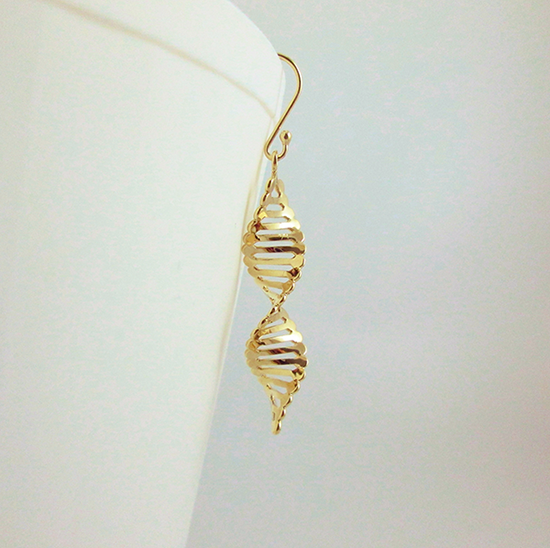 DNA gold earrings, double helix jewelry by Delftia Science Jewelry