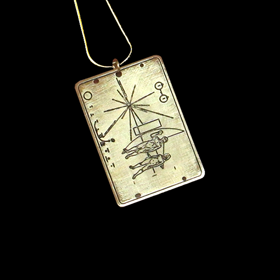 NASA pioneer plaque astronomy gold necklace by Delftia Science Jewelry