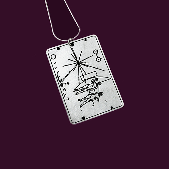 NASA pioneer plaque silver necklace by Delftia Science Jewelry