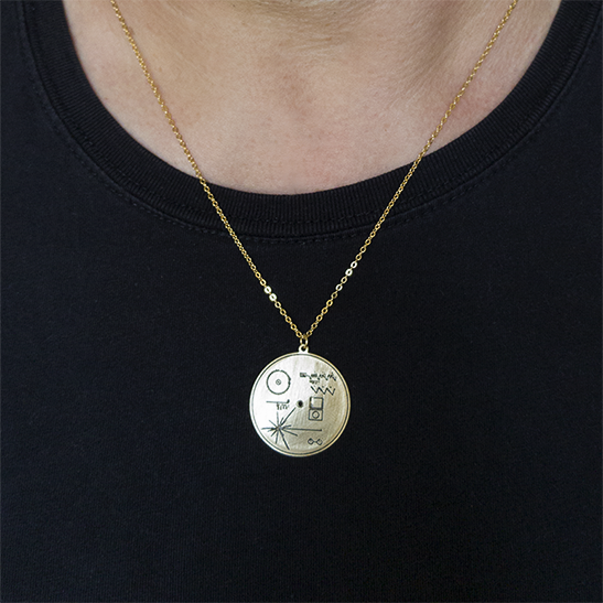 voyager record gold necklace on man by Delftia sience Jewelry