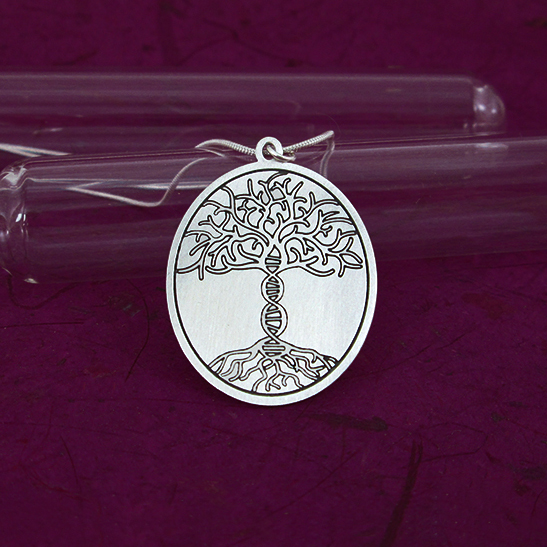 Tree of life with DNA necklace silver disk by Delftia Science Jewelry