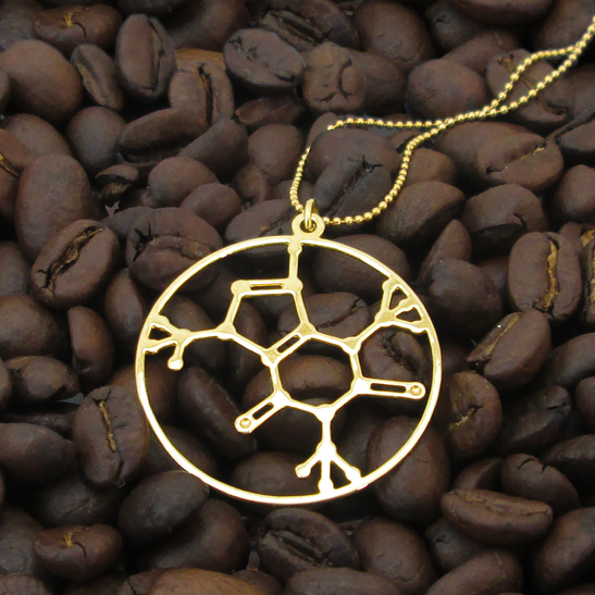 Caffeine molecule gold necklace by Delftia Science Jewelry