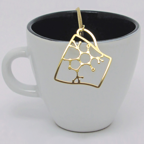 Caffeine molecule coffee cup necklace gold by Delftia Science Jewelry