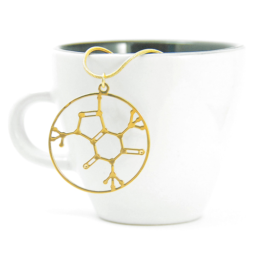 Caffeine molecule necklace in gold by Delftia Science Jewelry